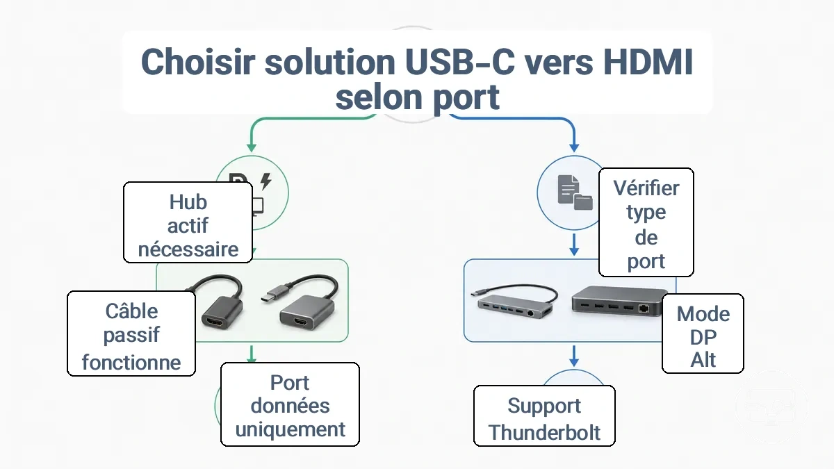 Arbre de décision : la capacité du port conduit au type de solution pour la connectivité USB-C vers HDMI.