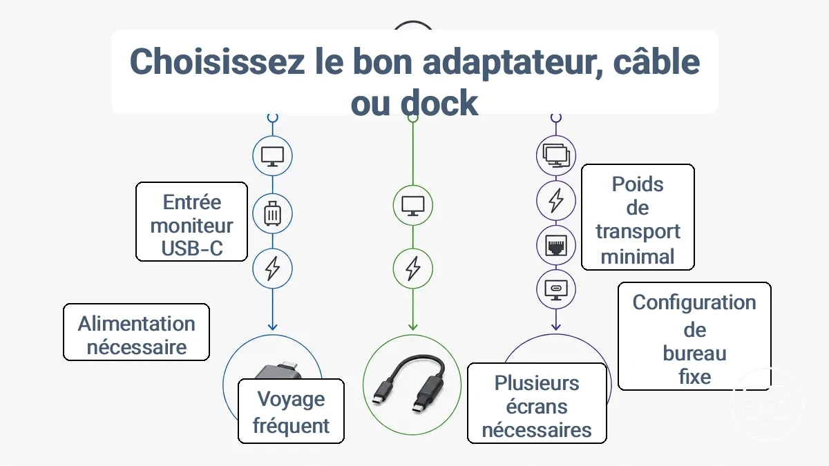Arbre de décision pour choisir entre un adaptateur, un câble ou un dock USB-C vers HDMI selon les objectifs et l environnement de configuration