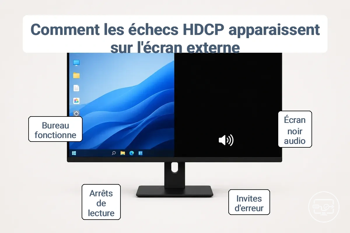 Diagramme comparant les indicateurs de blocage HDCP et d absence de signal sur un écran externe