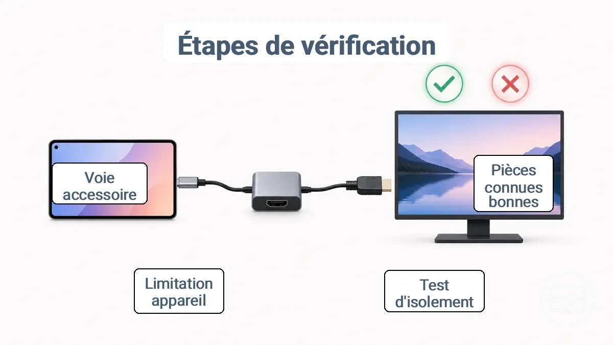 Organigramme d isolement simple montrant l appareil le câble HDMI l adaptateur et l écran avec résultat réussite échec