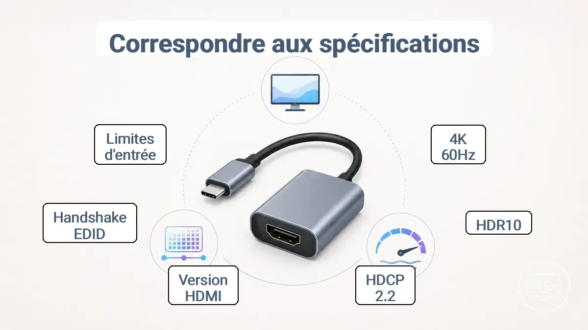 Graphique comparatif montrant les performances annoncées d un adaptateur USB-C vers HDMI et les exigences d affichage spécifiques à vérifier (4K 60Hz, HDR, HDCP).
