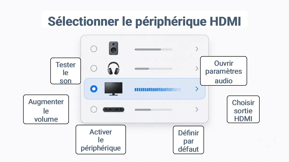 Panneau des paramètres de sortie audio avec le périphérique HDMI sélectionné par défaut
