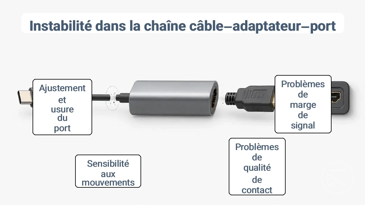Diagramme de la chaîne câble–adaptateur–port USB-C vers HDMI montrant les points d instabilité liés à la marge et au contact