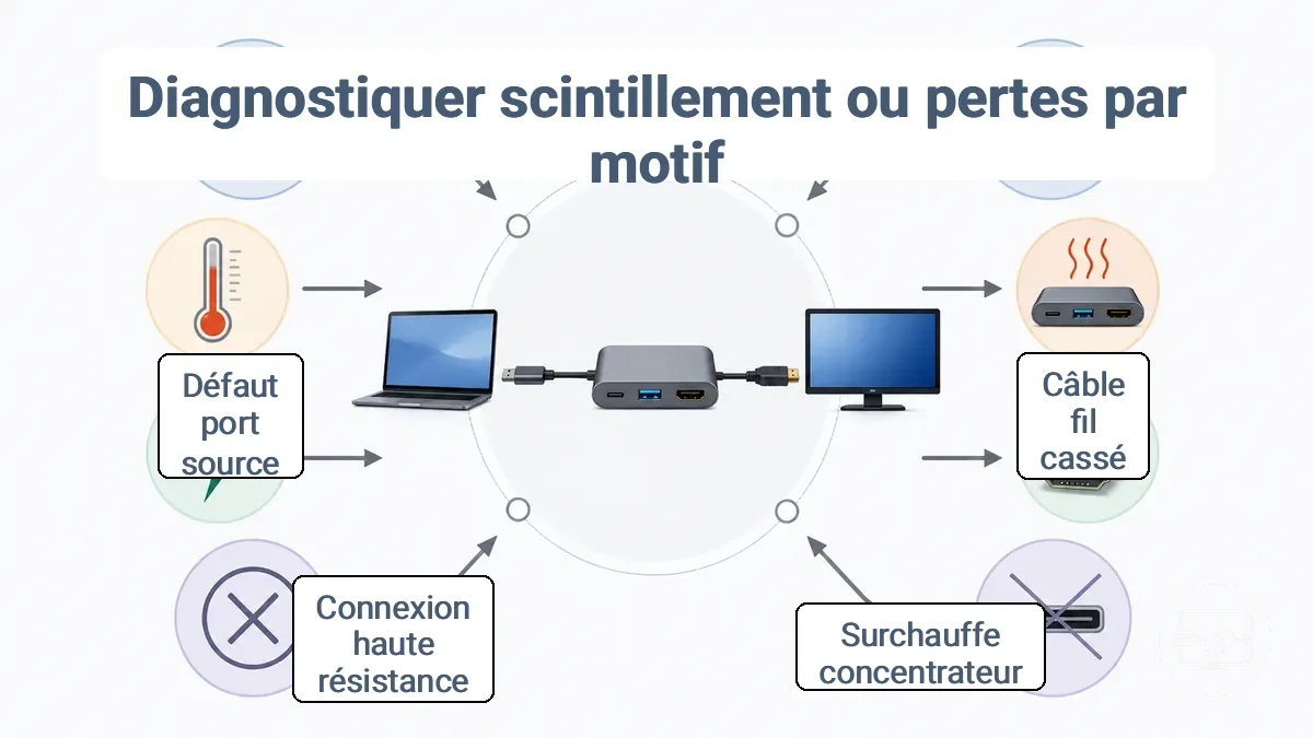 Carte annotée des symptômes vers les causes montrant comment les conditions déclenchantes (mouvement, chaleur, événements électriques) pointent vers le maillon probablement défaillant (câble, connecteur, concentrateur) pour les clignotements et coupures.
