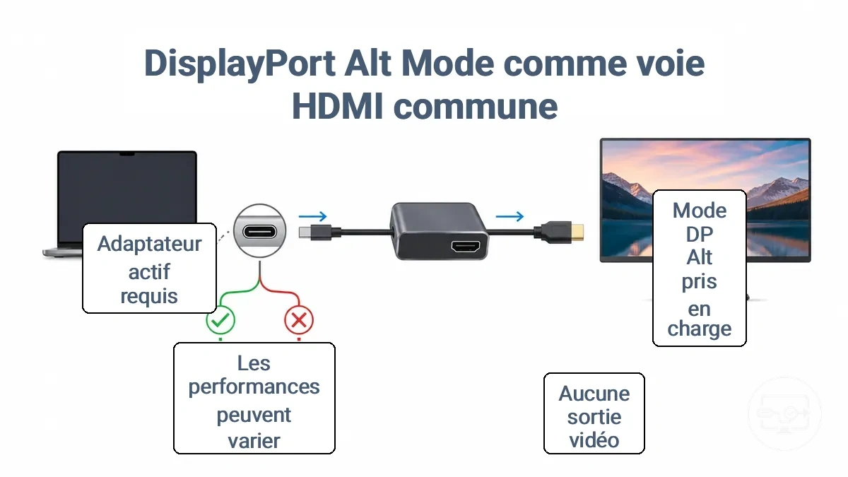 Schéma montrant le chemin du DP Alt Mode USB-C via un adaptateur vers un écran HDMI et ce qui change lorsque l Alt Mode n est pas pris en charge.