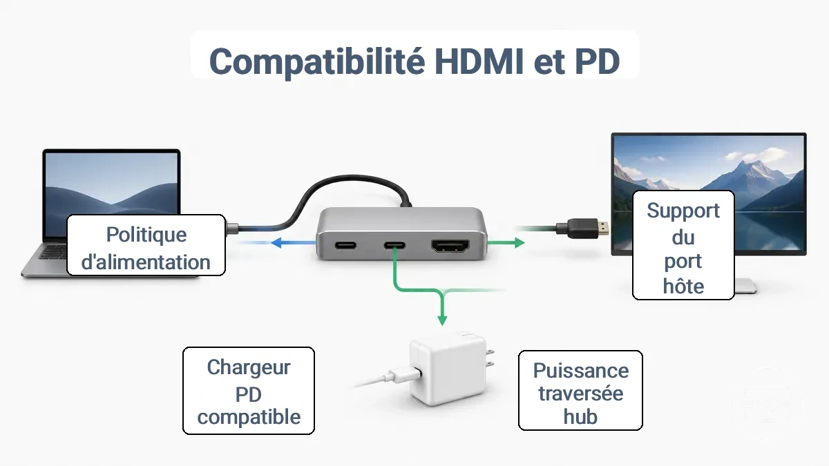 Diagramme des exigences de compatibilité pour la sortie HDMI et le passthrough de charge PD