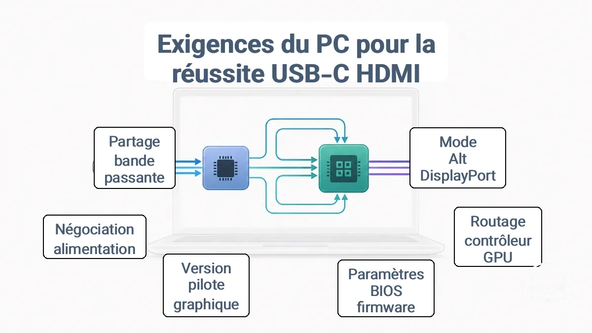 Diagramme de la chaîne de signaux côté ordinateur portable, du port USB-C au contrôleur, au routage, au pipeline GPU et à la sortie HDMI
