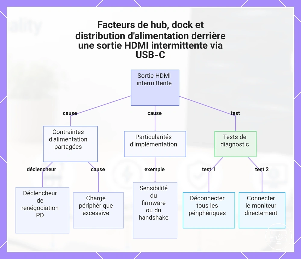 Facteurs de hub, dock et distribution d'alimentation derrière une sortie HDMI intermittente via USB-C