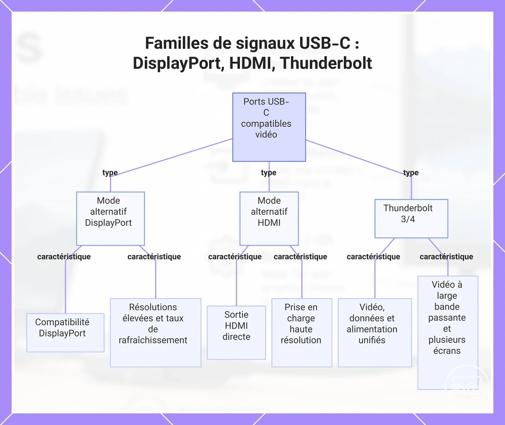 Familles de signaux USB-C : DisplayPort, HDMI, Thunderbolt