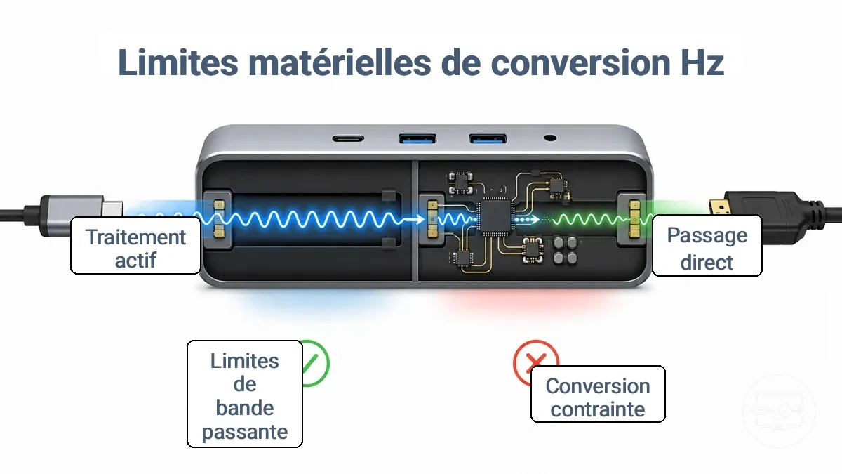 Diagramme comparant le passage direct et les chemins de signal contraints par la conversion dans les hubs et adaptateurs USB-C
