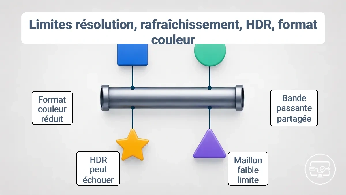 Diagramme montrant comment les limites de résolution, de fréquence de rafraîchissement, de HDR et de format colorimétrique dépendent de la bande passante dans la chaîne USB-C vers HDMI.
