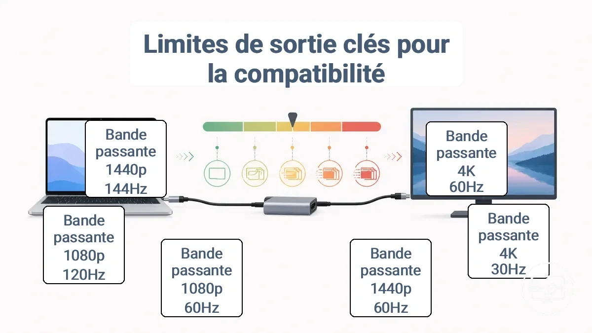 Diagramme montrant les modes de sortie cibles courants ainsi que leurs contraintes typiques de bande passante et de port pour les écrans externes dordinateur portable.