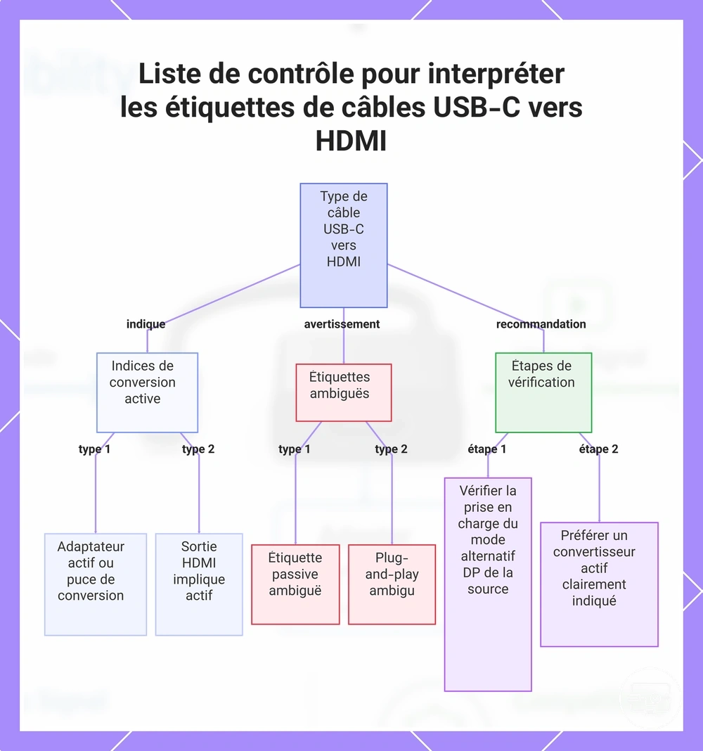 Liste de contrôle pour interpréter les étiquettes de câbles USB-C vers HDMI