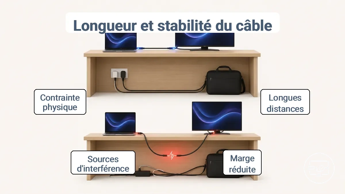 Illustration comparant des trajets de câble USB-C vers HDMI courts et longs, et comment le cheminement et les interférences peuvent affecter la stabilité.