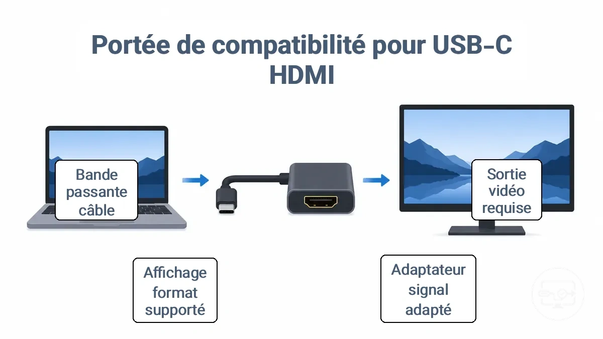 Diagramme de la chaîne de compatibilité USB-C vers HDMI montrant la sortie vidéo source, le chemin de l adaptateur et les limites de l écran HDMI.