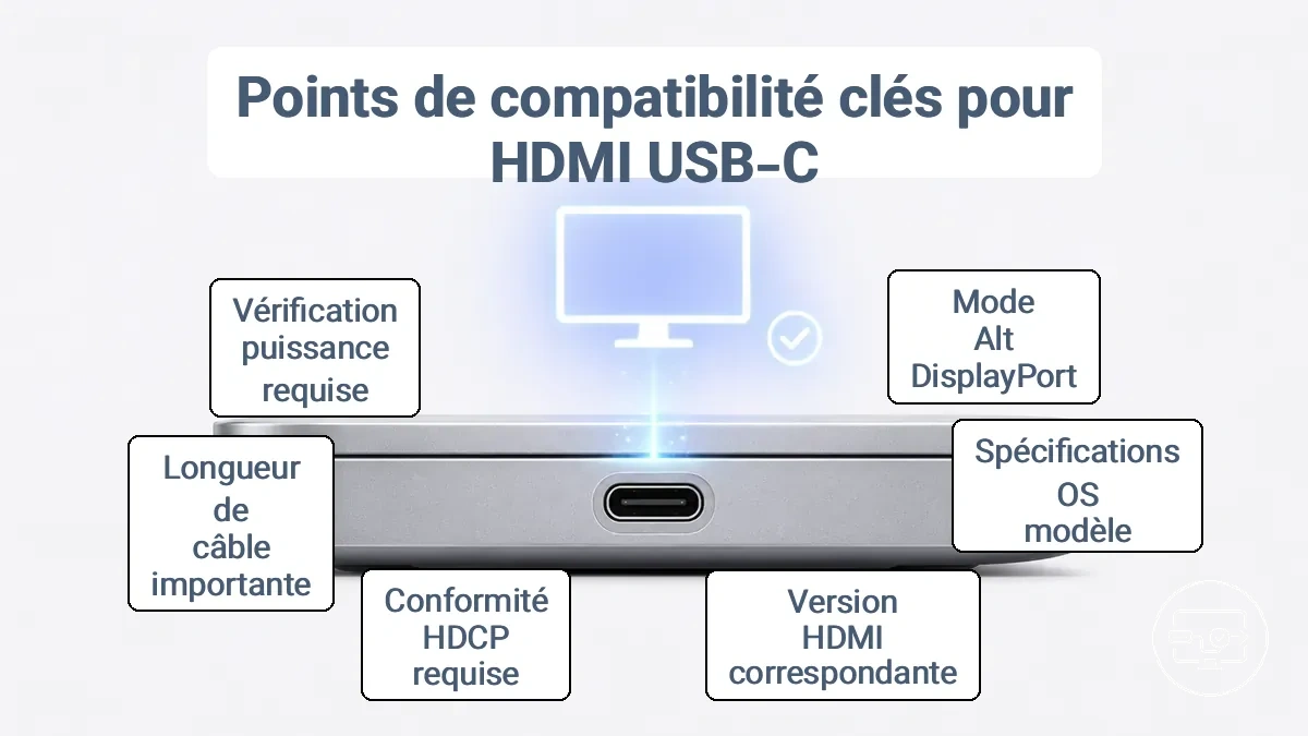 Guide visuel des marquages de port USB-C indiquant la prise en charge de la sortie vidéo