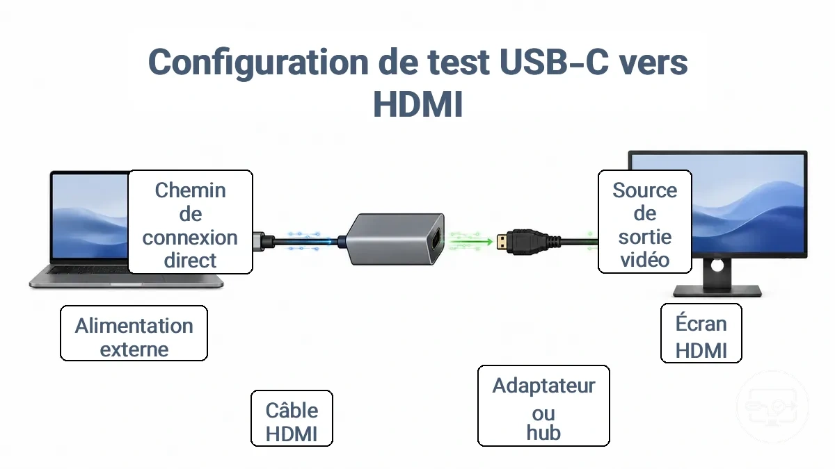 Schéma d'un appareil USB-C connecté via un adaptateur et un câble HDMI à un moniteur, montrant la chaîne du signal de test.