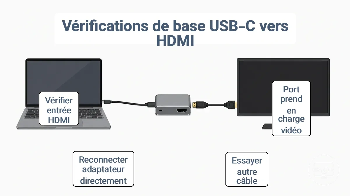 Diagramme de flux des vérifications de base : port USB-C de l appareil vers adaptateur ou hub vers câble HDMI vers entrée d affichage avec points de contrôle étiquetés.
