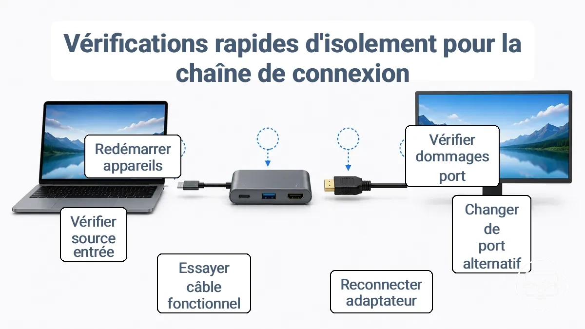 Diagramme montrant la chaîne physique du port USB-C, de l adaptateur, du câble HDMI et des points de sélection d entrée de l écran pour les vérifications d isolement
