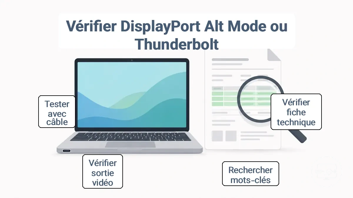 Exemple de fiche technique annotée mettant en évidence la prise en charge de la sortie vidéo DisplayPort Alt Mode ou Thunderbolt pour la compatibilité USB-C vers HDMI.