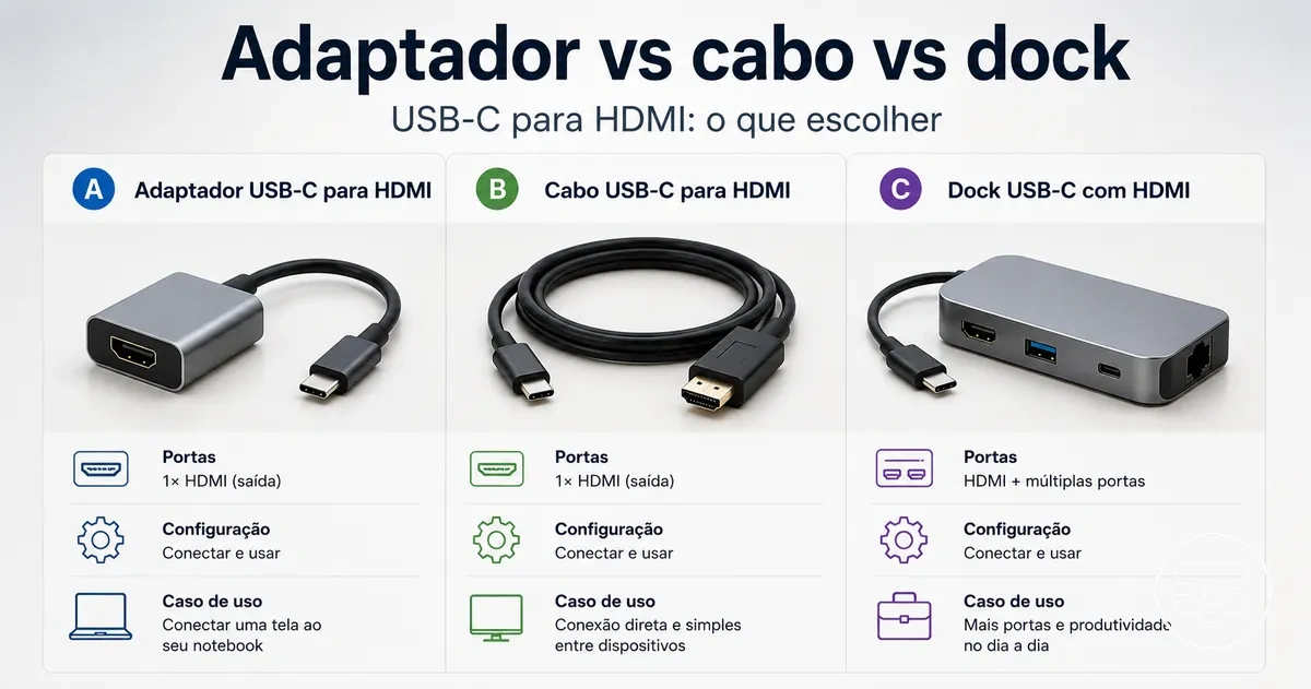 Comparação de compatibilidade USB-C para HDMI entre adaptador, cabo e dock