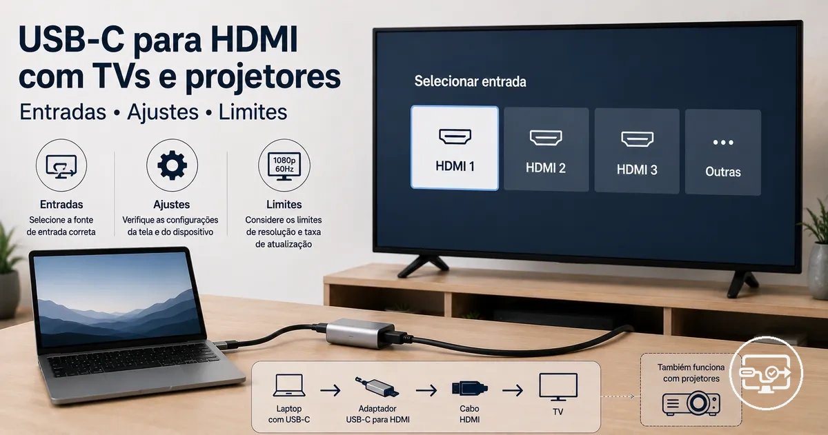 Compatibilidade USB-C para HDMI com TV ou projetor mostrando seleção de entrada e disposição da conexão