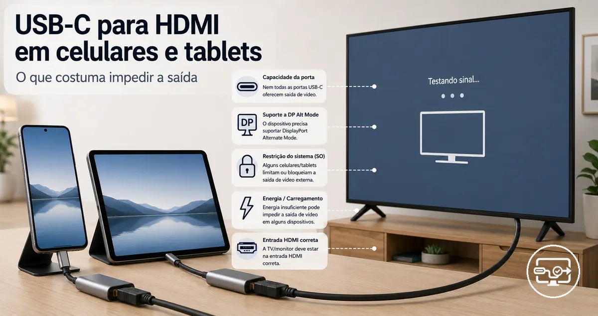 Compatibilidade USB-C para HDMI em celular ou tablet conectado a uma TV ou monitor