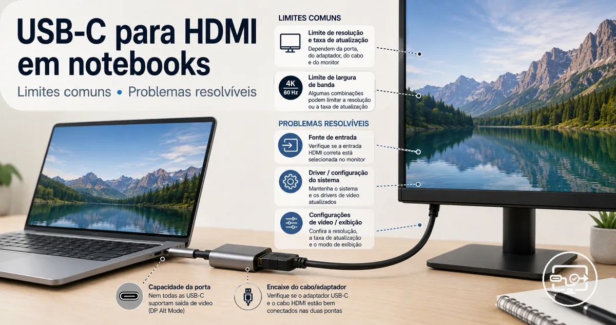 Compatibilidade USB-C para HDMI em notebook com conexão a um monitor externo