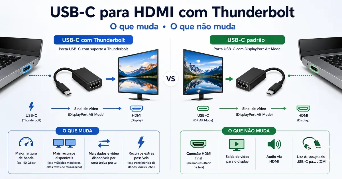 Comparação de compatibilidade USB-C para HDMI destacando Thunderbolt e USB-C padrão
