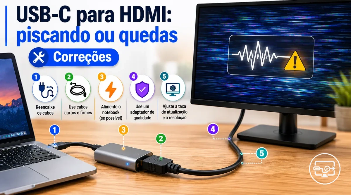 Correções para USB-C para HDMI piscando ou com quedas, com foco em estabilidade do sinal