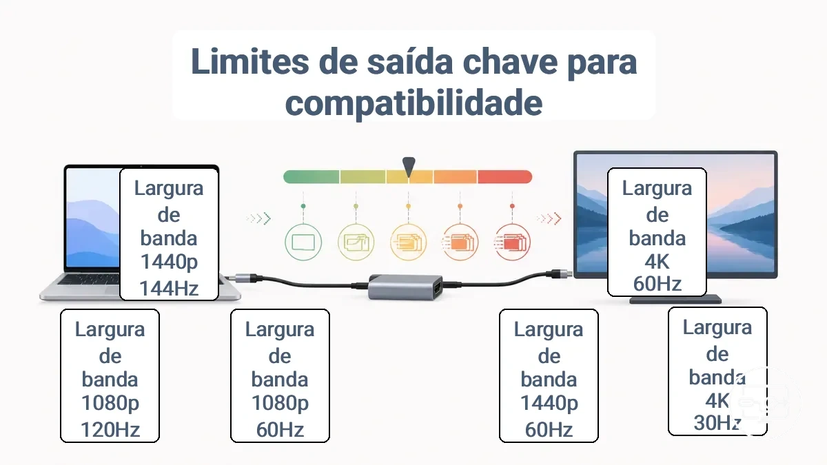 Diagrama mostrando modos de saída alvo comuns e suas restrições típicas de largura de banda e porta para monitores externos de notebook.