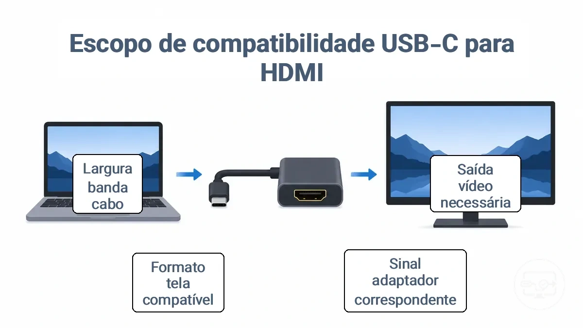 Diagrama da cadeia de compatibilidade USB-C para HDMI mostrando a saída de vídeo da fonte, o caminho do adaptador e os limites do monitor HDMI.
