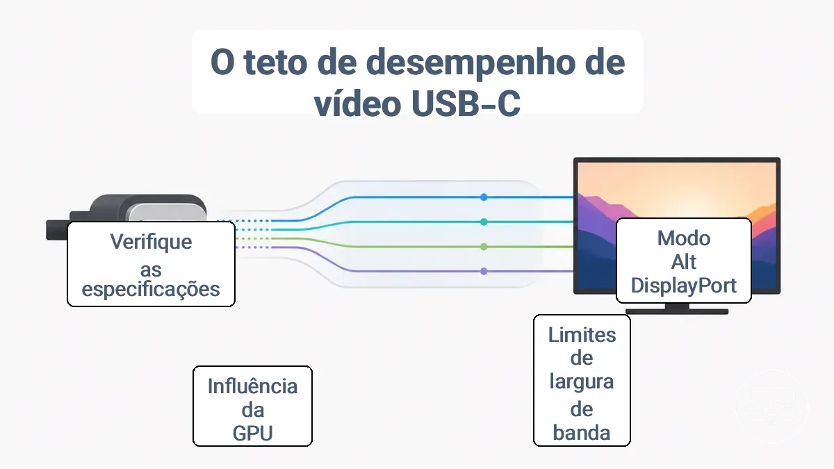 Diagrama anotado mostrando a capacidade de saída de vídeo USB-C e alocação de pistas afetando modos 4K e HDR