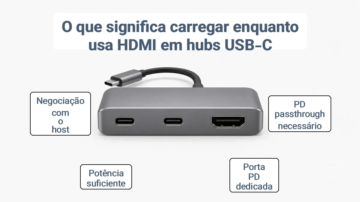 Diagrama mostrando porta HDMI, porta USB-C PD-in e porta USB-C do host em um hub típico