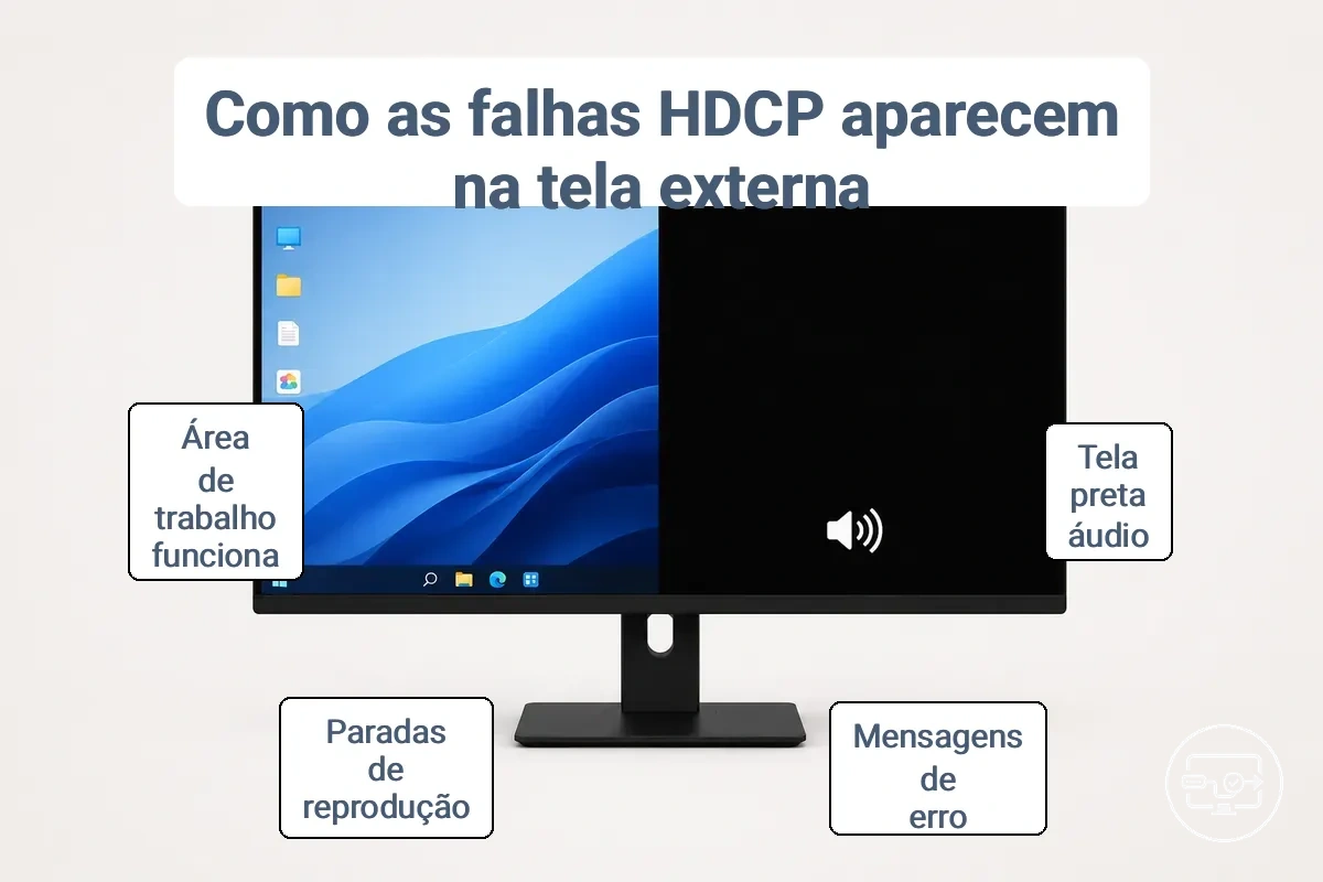 Diagrama comparando indicadores de bloqueio HDCP versus indicadores de sem sinal em display externo