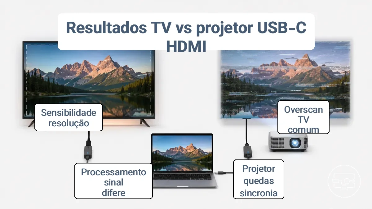Diagrama comparando o tratamento de sinais USB-C para HDMI entre TV e projetor, mostrando overscan na TV e quedas de sincronismo no projetor