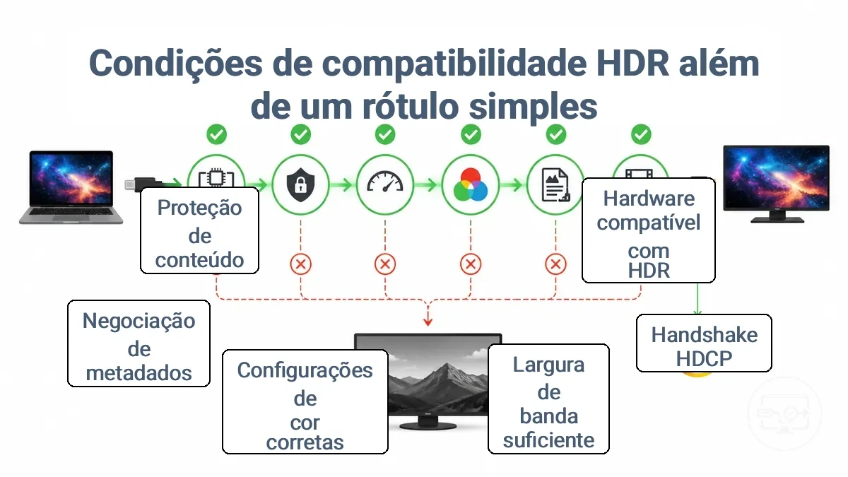 Diagrama mostrando pontos de verificação HDR em uma conexão USB-C para HDMI e onde o HDR pode retroceder para SDR.