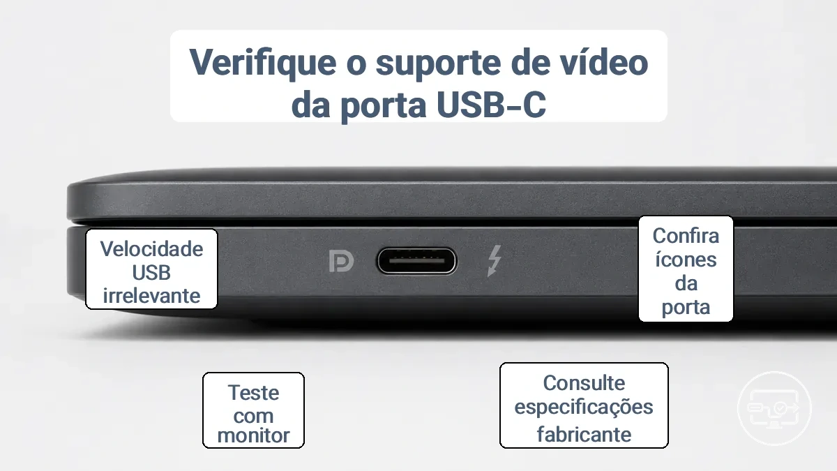 Porta USB-C com ícone DisplayPort e símbolo Thunderbolt no painel lateral de um laptop