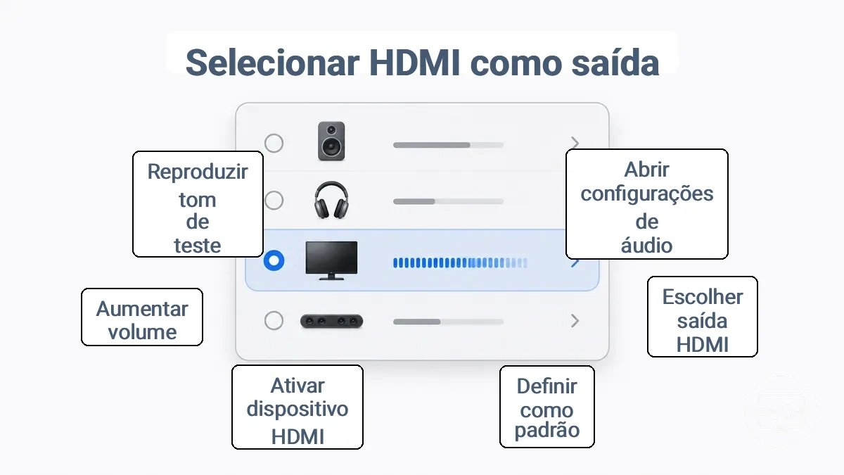 Painel de configurações de saída de áudio com dispositivo HDMI selecionado como padrão