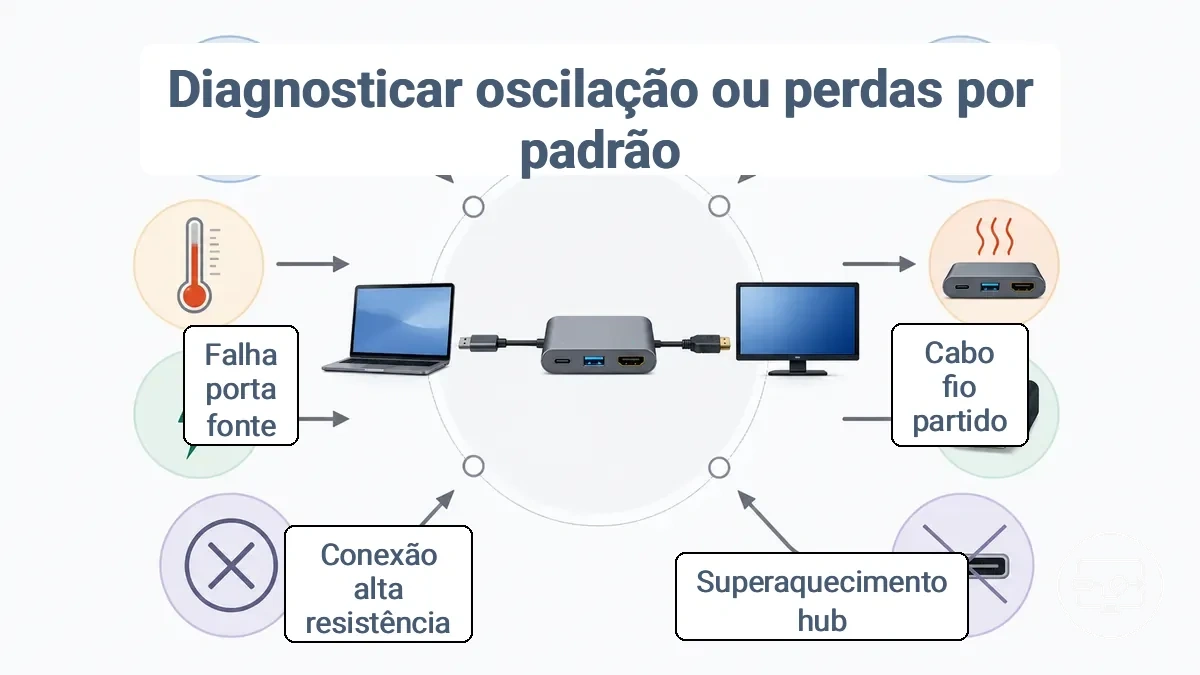 Mapa anotado de sintoma para causa mostrando condições de gatilho (movimento, calor, eventos de energia) apontando para o elo provável com falha (cabo, conector, hub) para piscando e quedas.
