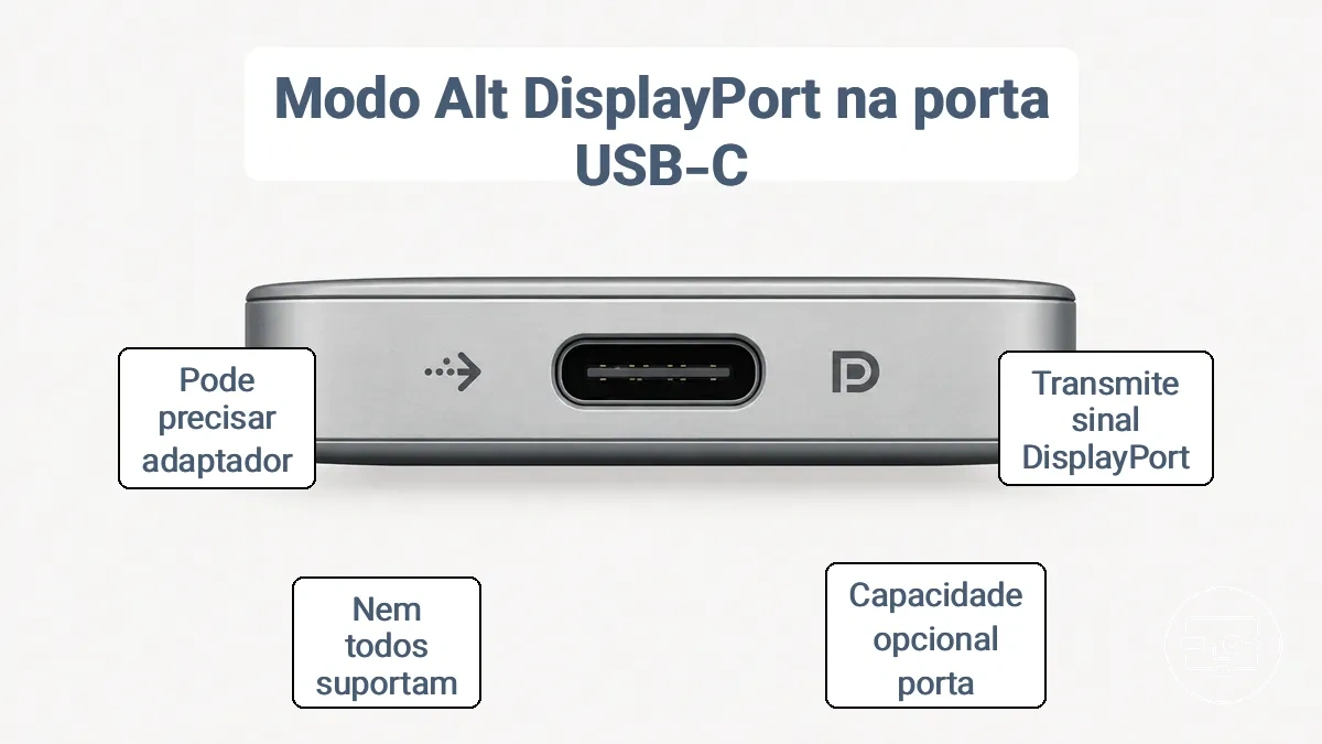 Marcações de porta USB-C indicando suporte a DisplayPort Alt Mode e ambiguidade dos rótulos