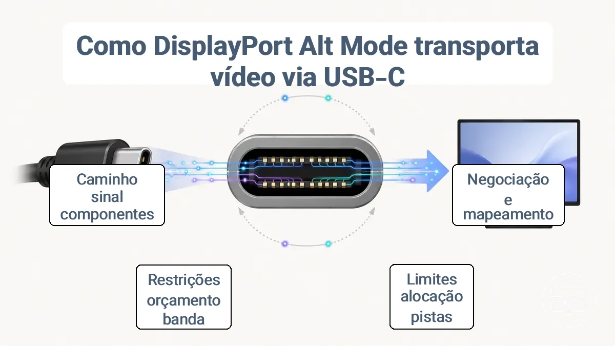 Fluxo do caminho do sinal do dispositivo USB-C através do DP Alt Mode e conversão para monitor HDMI
