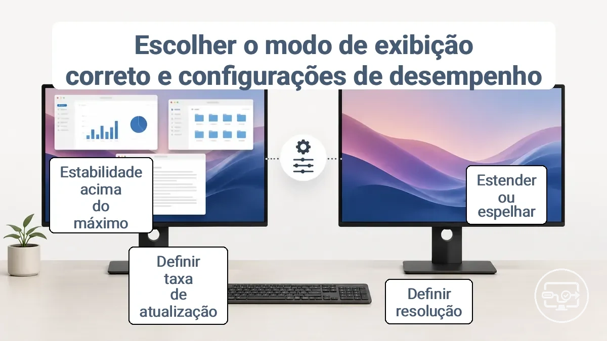 Comparação de modos de exibição USB-C para HDMI mostrando espelho versus estender e onde as configurações de resolução/taxa de atualização afetam a estabilidade.