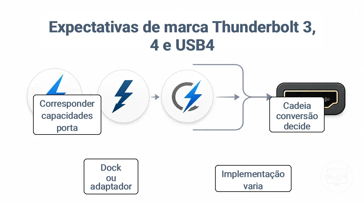 Comparação das expectativas de marca Thunderbolt 3, Thunderbolt 4 e USB4 para saída HDMI, enfatizando a necessidade de verificar a cadeia de conversão.