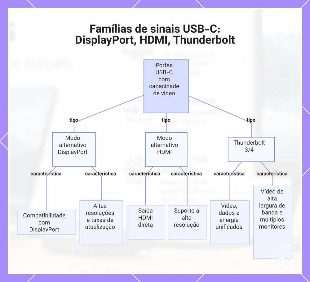 Famílias de sinais USB-C: DisplayPort, HDMI, Thunderbolt