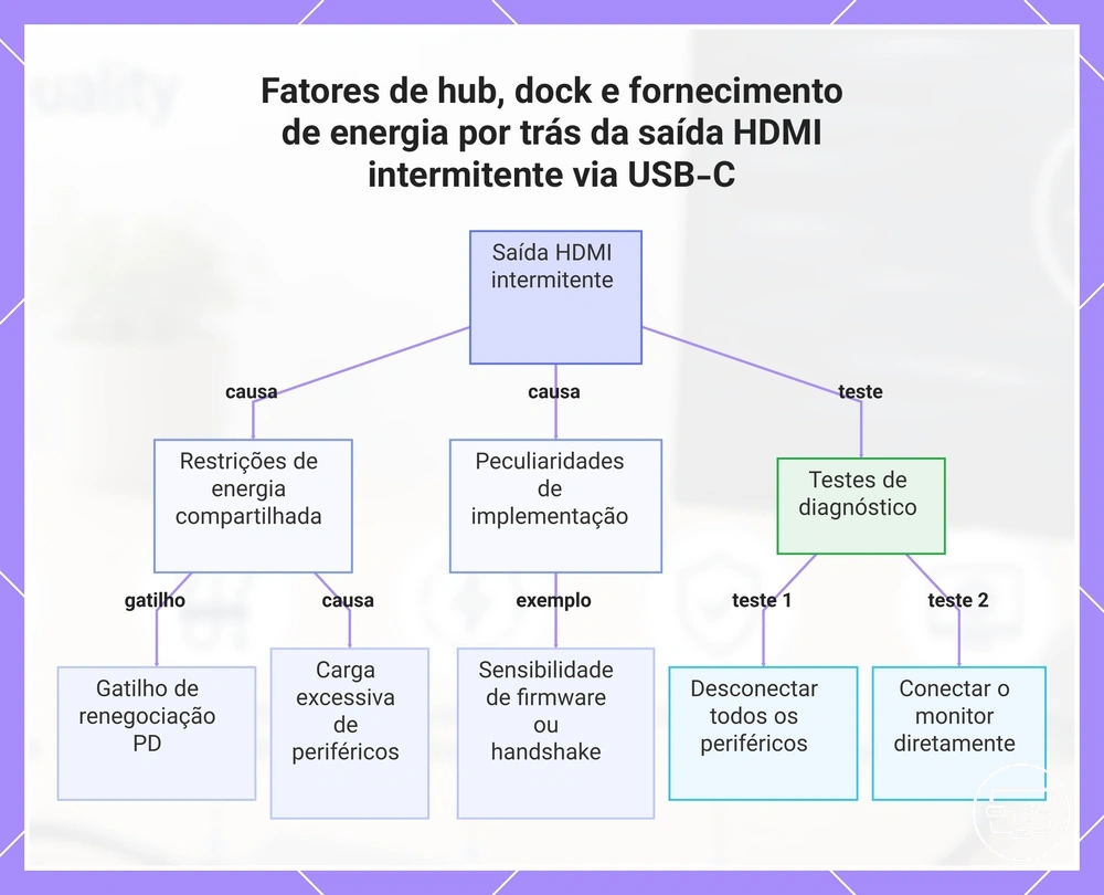 Fatores de hub, dock e fornecimento de energia por trás da saída HDMI intermitente via USB-C