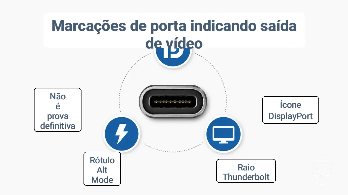 Símbolos comuns de porta USB-C, incluindo ícones de DisplayPort, Thunderbolt e monitor, rotulados para identificação