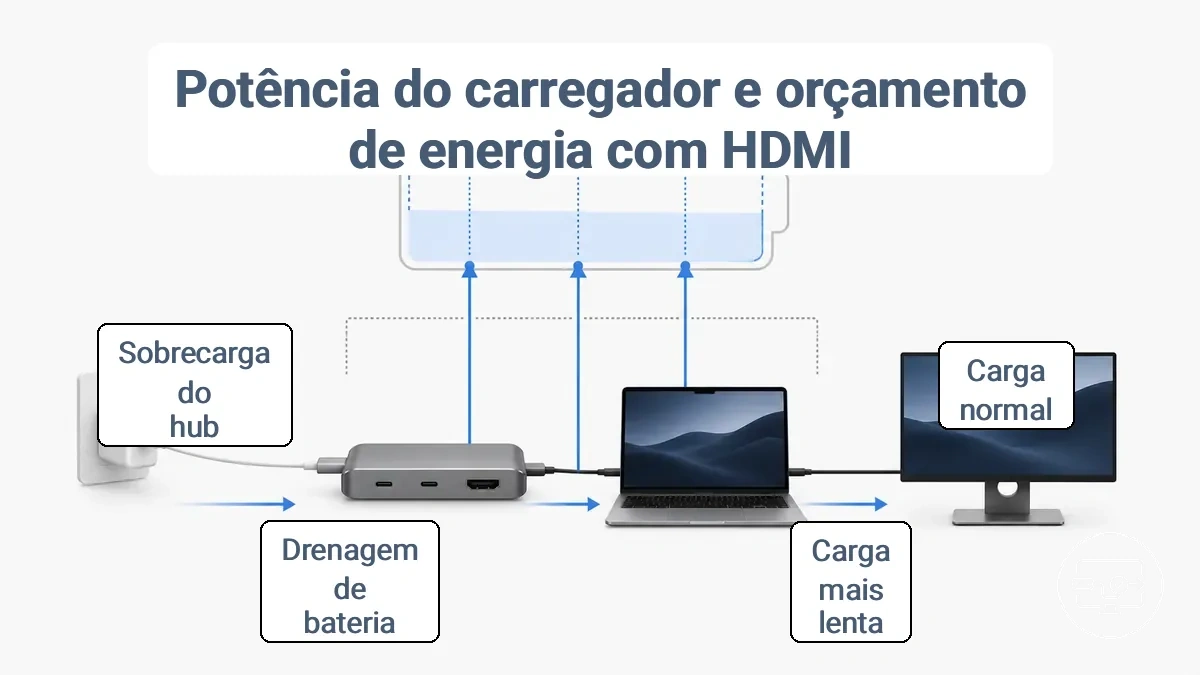 Diagrama mostrando o cálculo do orçamento de energia que subtrai o consumo interno do hub e a carga do monitor da potência do carregador