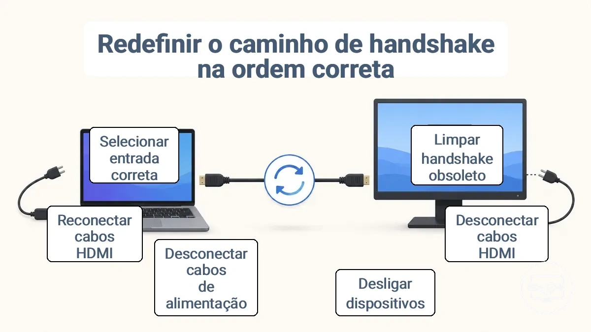Ilustração mostrando a ordem correta: desconectar cabos, desligar dispositivos, desconectar energia, reconectar cabos, selecionar entrada no monitor