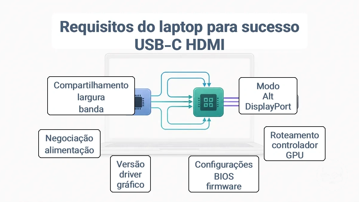 Diagrama da cadeia de sinal do lado do notebook desde a porta USB-C passando pelo controlador, roteamento, pipeline da GPU até a saída HDMI